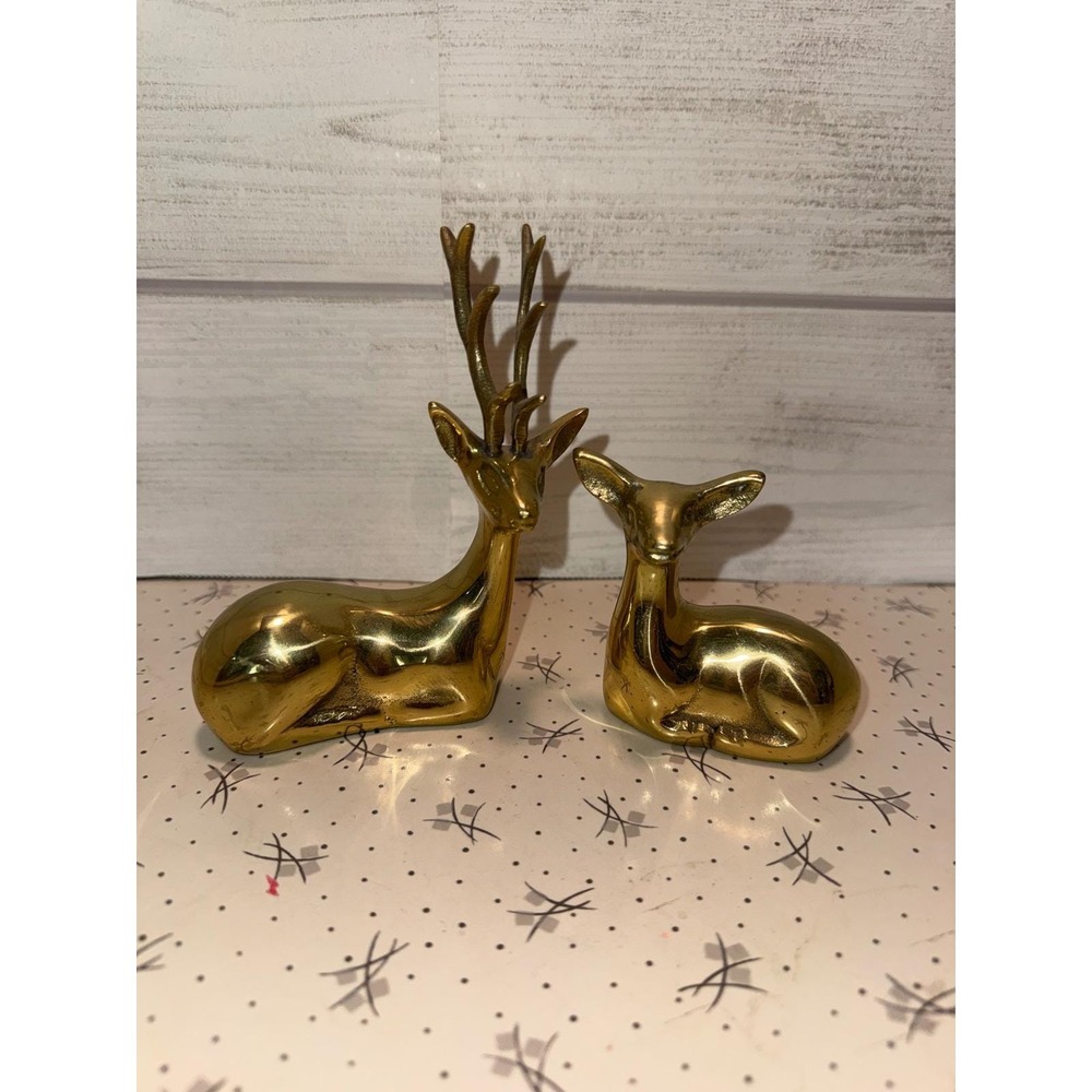 Vintage Solid Brass Reclining Deer Figurines Set of 2 Buck and Doe Mid Century